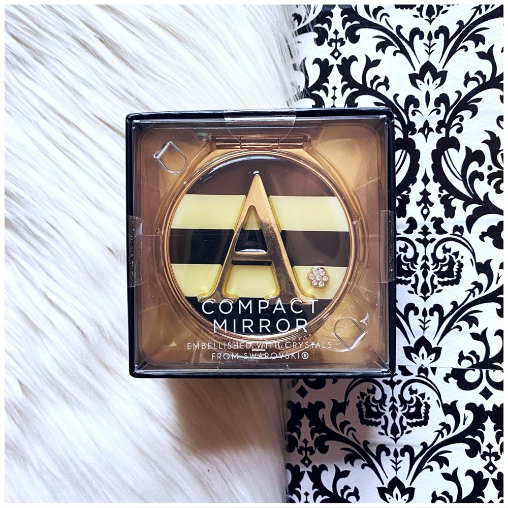 NWT Argento SC : ‘A’ initial stripe embellished Swarovski crystal compact mirror